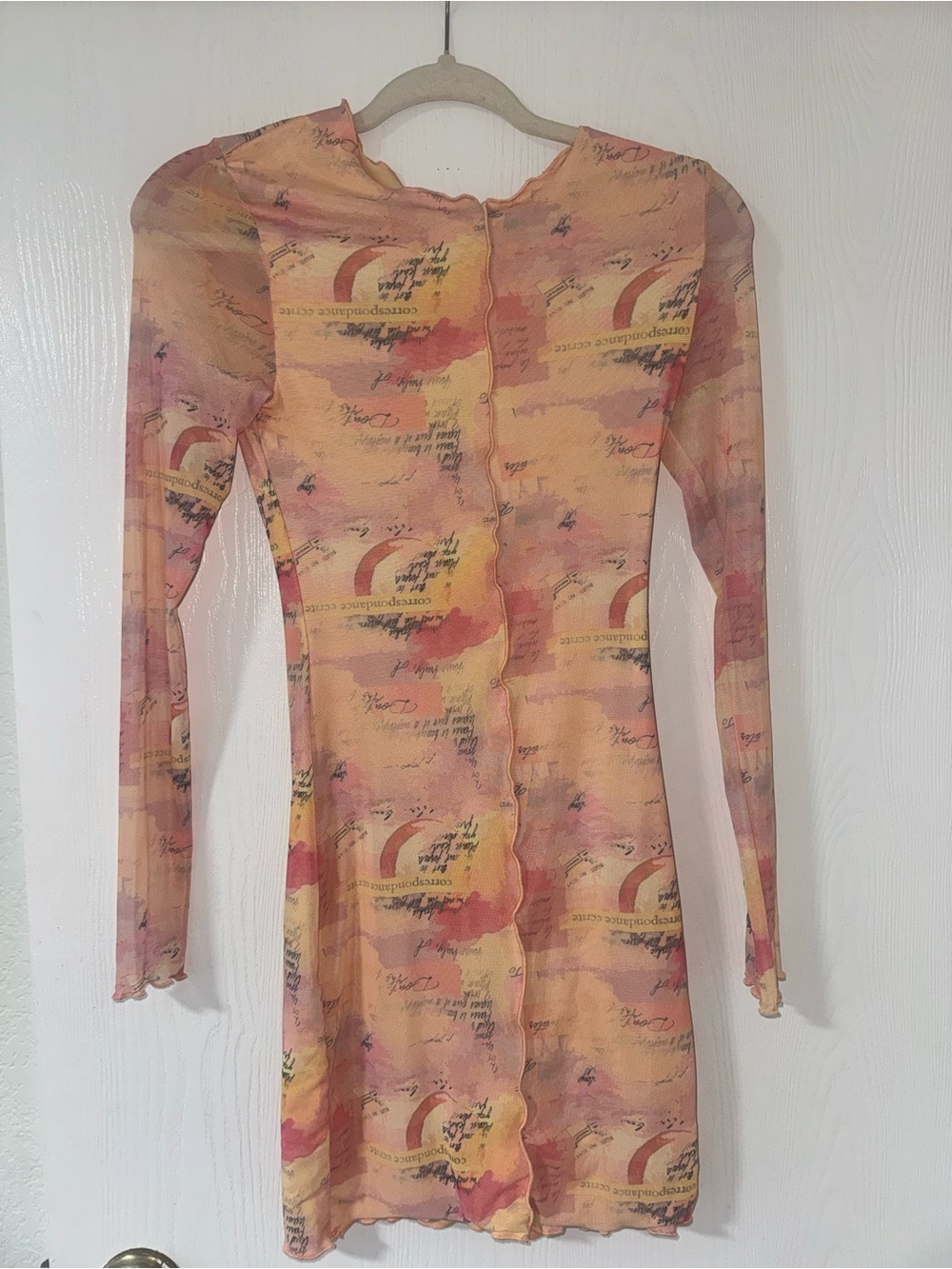 Princess Polly Sheer Long Sleeve Mini Dress in Peach Pink Yellow Print
